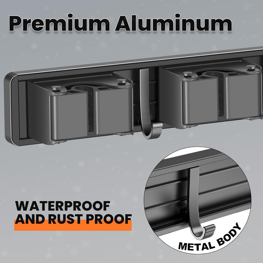 Skiennix Broom Holder Wall Mount - Organize Mops & Brooms with 4 Racks & 3 Hooks | Grey