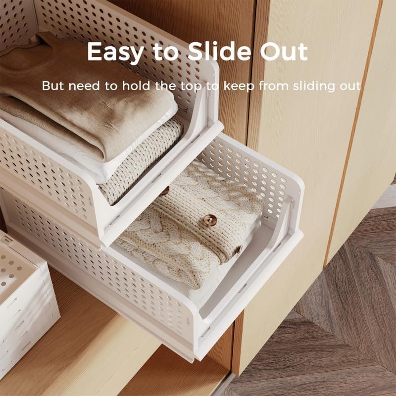 Pinkpum Stackable Plastic Storage Bins - 5 Pack Closet Organizers for Home & Office | White