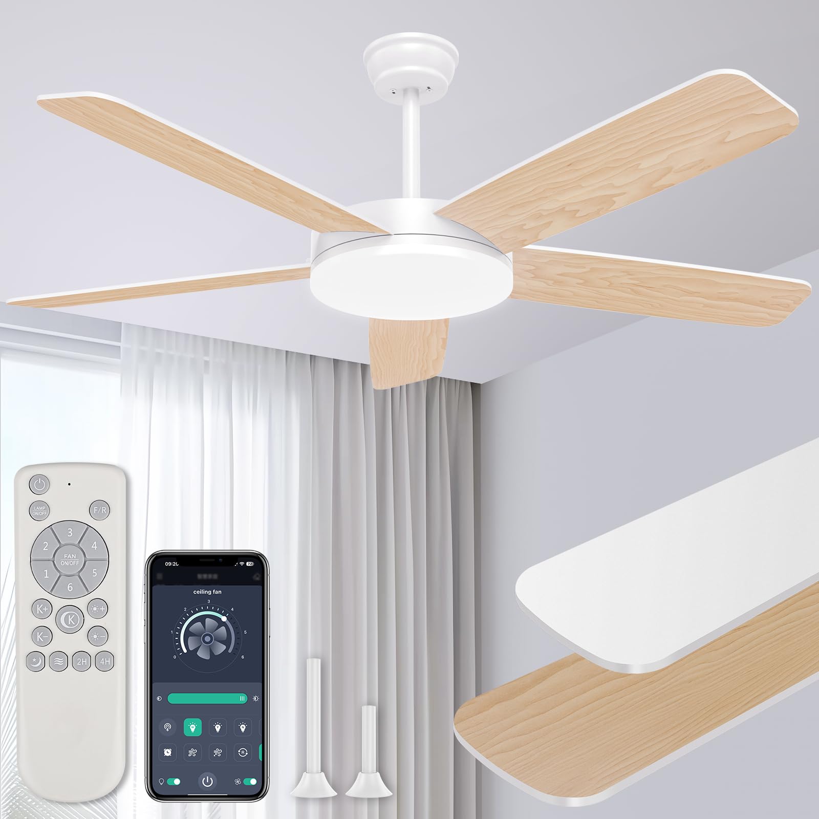 ropelux 52-Inch Ceiling Fans with Lights: Powerful Wind, Ultra-Quiet, High Bright&Screw-Free for Blade Installation, Dimmable, Forward&Reversible Fan with Remote APP Control for Bedroom/Living Room.