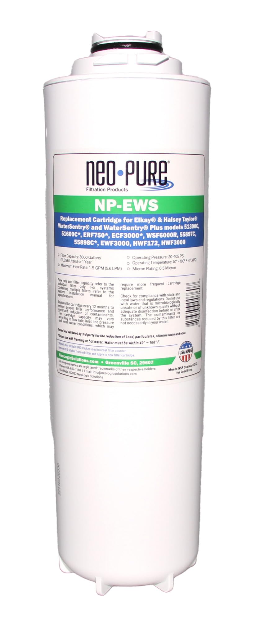 Neo-Pure NP-EWS Elkay Compatible Replacement Filter for the Elkay 51299C, 51300C and WSF6000R and Halsey Taylor 55898C - Single