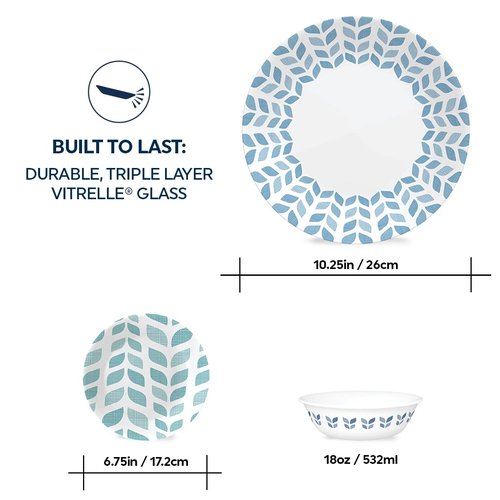 Corelle Global Collection Vitrelle 18-Piece Dinnerware Set Triple Layer Recycled Glass, Lightweight Eco-Friendly Round Plates and Bowls Set, Northern Pines