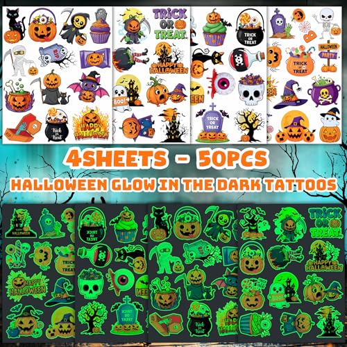 Glow in the Dark Halloween Temporary Tattoos for Kids Party Favors 50 Pcs
