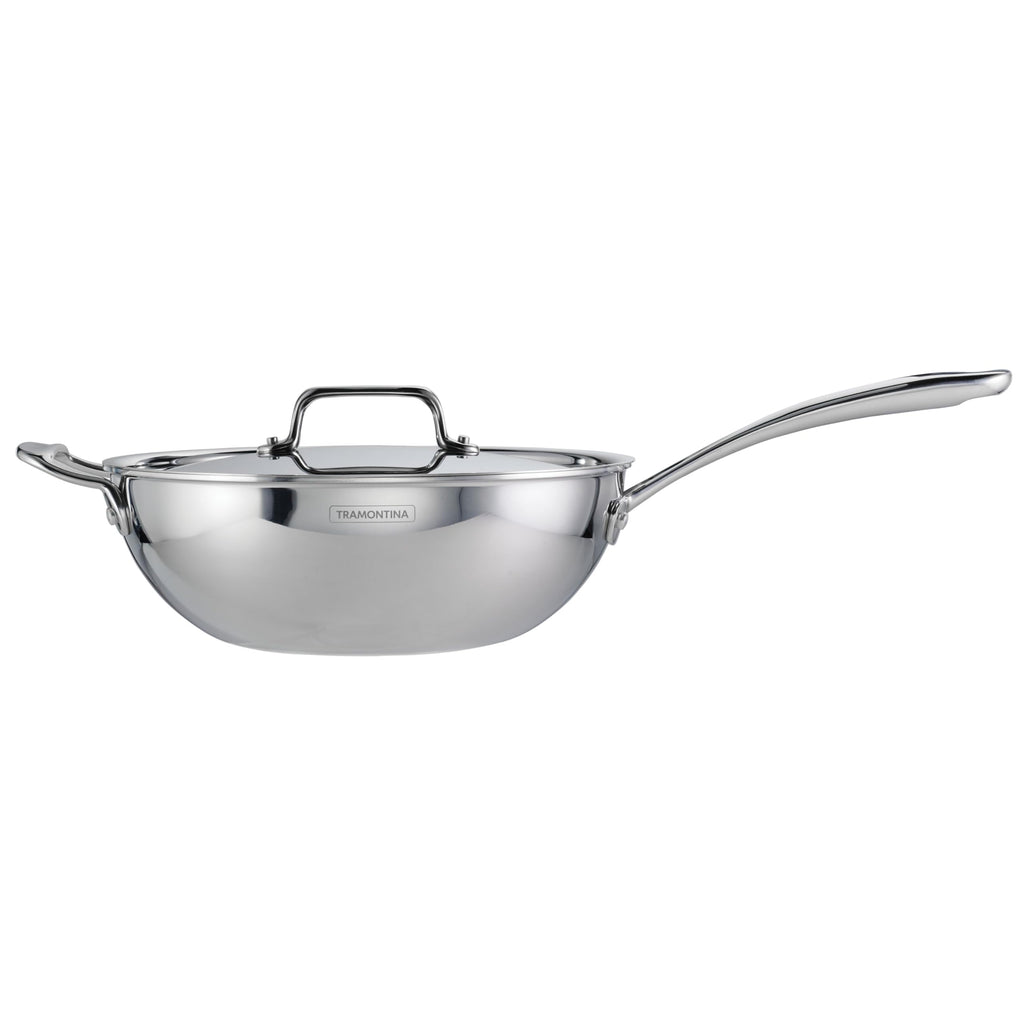 Tramontina Utsava Tri-Ply Clad Stainless Steel 3.75-Quart Wok with Lid and Ceramic Non Stick Interior, Induction-Ready Cooking Pan