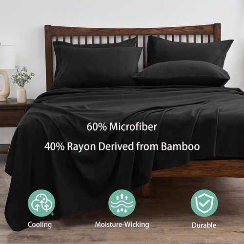 Linenline Full Sheet Set - Cooling Rayon Bamboo Sheets | 6-Piece Luxury Set, 16" Deep Pocket, Black