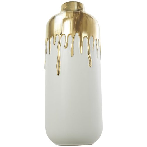 CosmoLiving by Cosmopolitan Ceramic Decorative Vase Centerpiece Vase with Abstract Gold Melting Drips, Flower Vase for Home Decoration 5" x 5" x 14", White