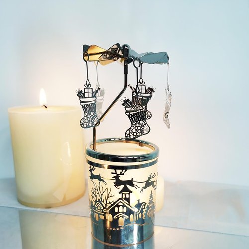 Kingnero Carousel Candle Holder - Spinning Metal Tea Light Candlestick for Home Decor | Silver Christmas Socks