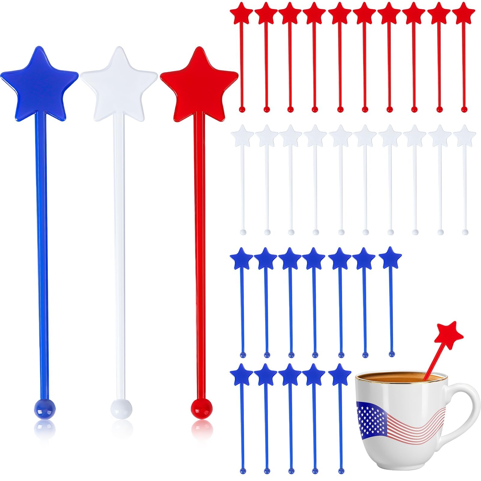 Jansun 36 Pcs 4th of July Patriotic Red White Blue Cocktail Drink Stirrers