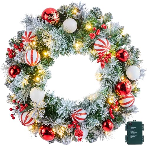 24-Inch Pre-Lit Artificial Christmas Wreath with LED Lights and Decorations