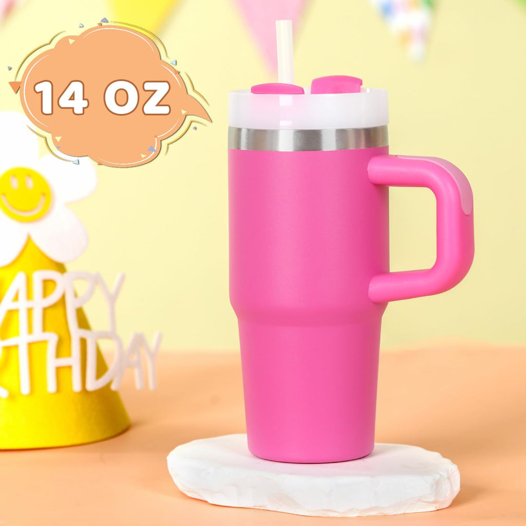Cosictic 14 Oz Tumbler with Handle and Straw for Kids, Stainless Steel Double Wall Vacuum Insulated Cup for Children, 14 Oz Cups for Kids (Hot Pink)