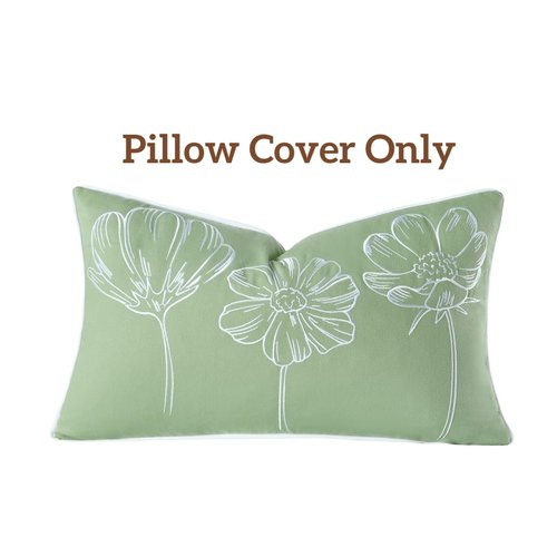 Sunkifover Decorative Floral Lumbar Pillow Cover 12x20 Inch Sage Green and White Cotton Embroidery Flower Throw Pillowcase Cushion Cover for Bed Bedroom, Living Room, Sofa