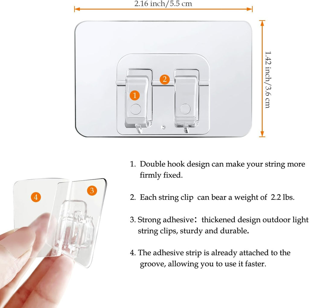 Skiennix Outdoor String Light Clips - 90Pcs Heavy-Duty Adhesive Hooks for Christmas Lights | Waterproof & Clear