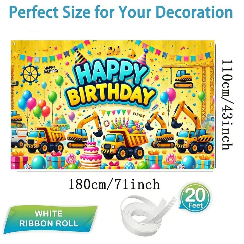 Construction Vehicle Birthday Backdrop Banner - 70.8 x 43.3 in