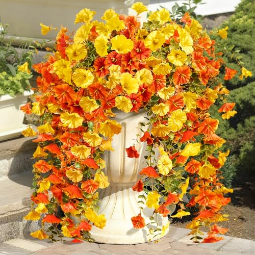 Artificial Morning Glory Hanging Flowers - 4 Pack, UV-Resistant Orange