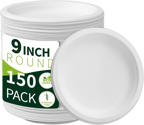 Compostable Paper Plates by Eco-Friendly | 9 Inch, 150 Pack, Sturdy & Biodegradable Dinnerware for Parties & Picnics