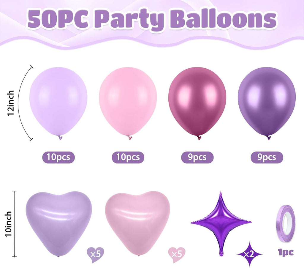 Skiennix Pink & Purple Balloons - 50pcs Macaron Heart Latex & Foil Balloons for Parties & Celebrations
