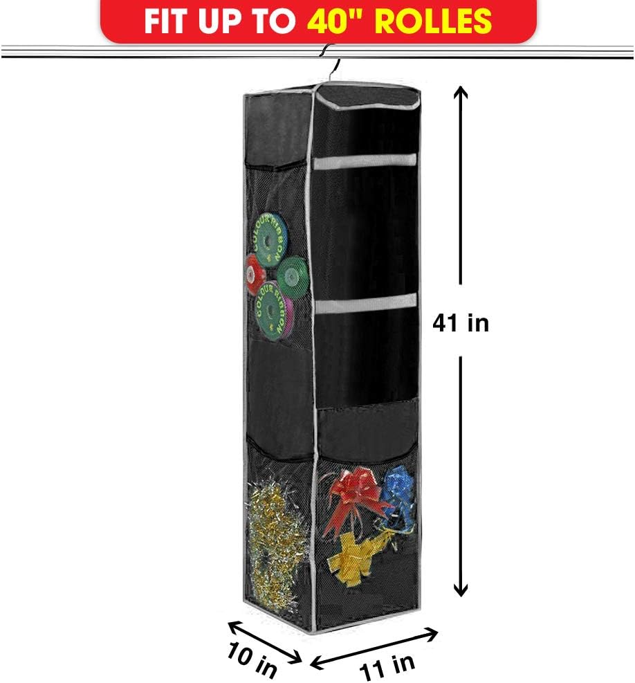 ProPik Holiday Wrapping Paper Storage Bag - 360° Swivel Hanger with Mesh Pockets | Holds Up to 25 Rolls, 40 Inch, Black