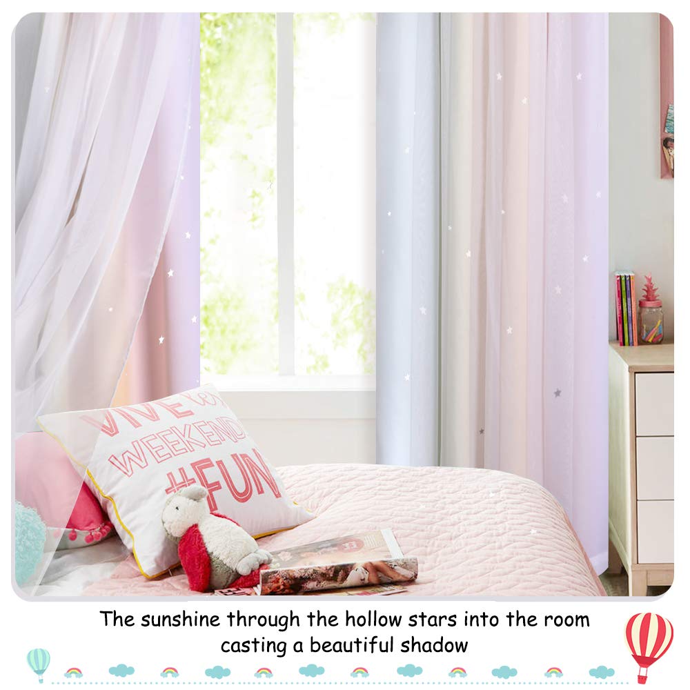 NICETOWN Rainbow Star Curtains for Girls Bedroom, Double Layer Colorful Stripes Kids Blackout Curtains Plus White Sheer Livingroom Window Curtains for School Classroom (Rainbow, W52 x L84, Sold by 2)