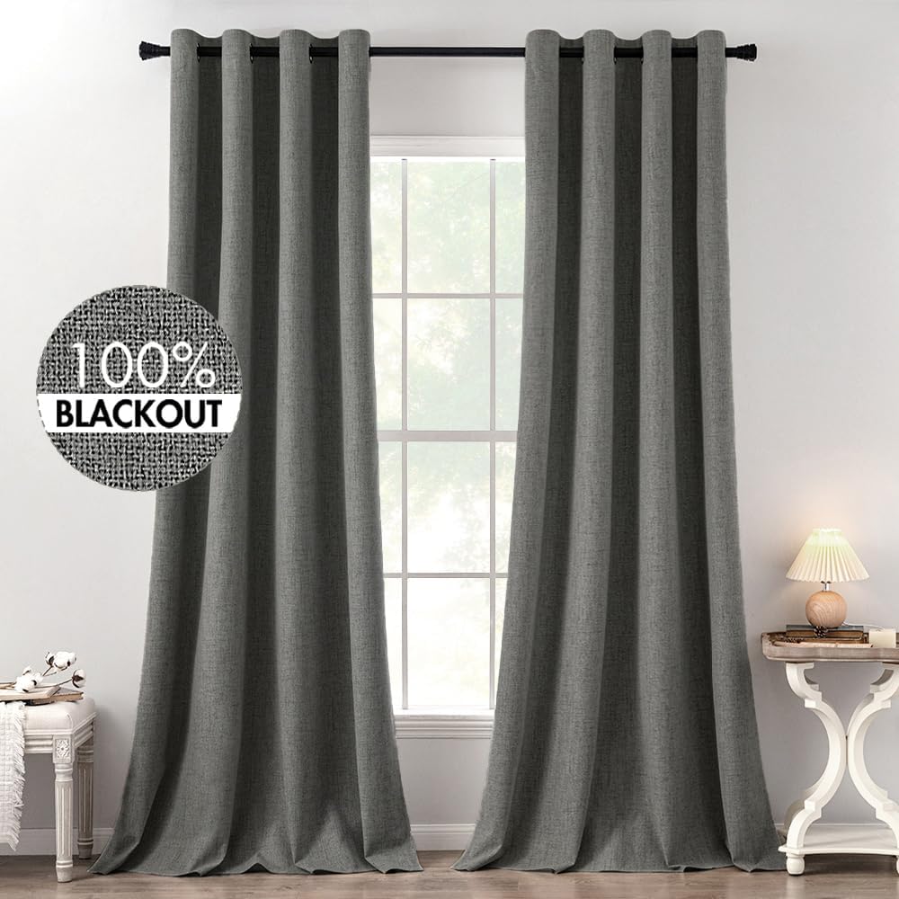 MIULEE Blackout Curtains - 100% Thermal Insulated Dark Grey Linen Texture Drapes | 52x120 Inch (2 Panels)
