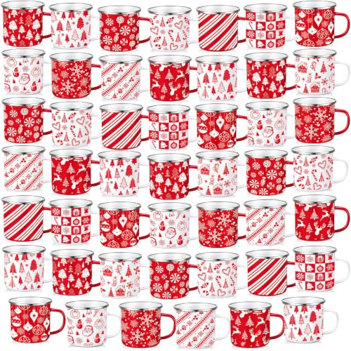 Christmas Enamel Mugs Set - 48 Red and White Holiday Drinkware - Bulk Festive Cups