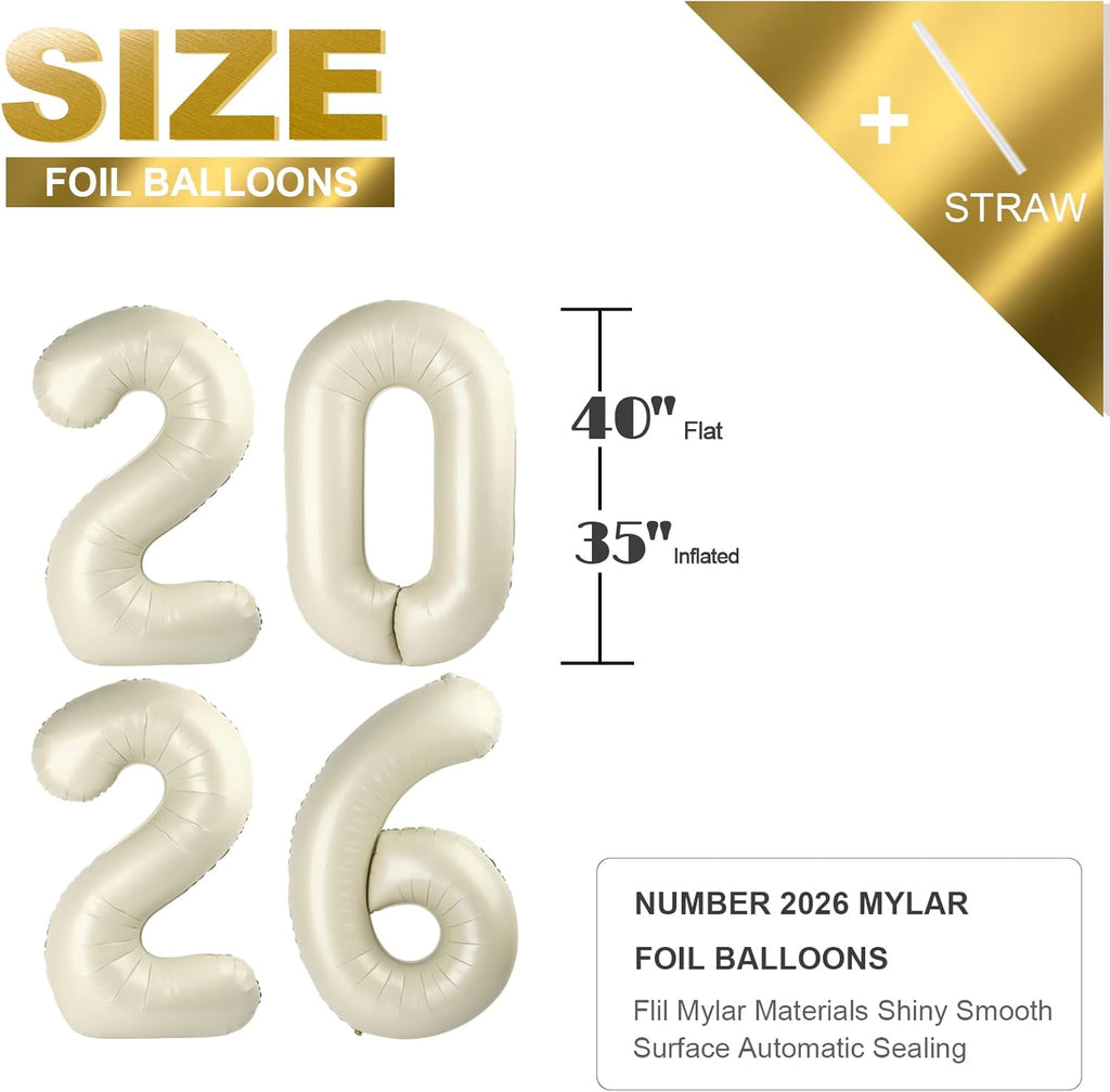 2026 Number Balloons - 40 Inch Cream White Balloons for New Year's Eve & Graduation Celebrations