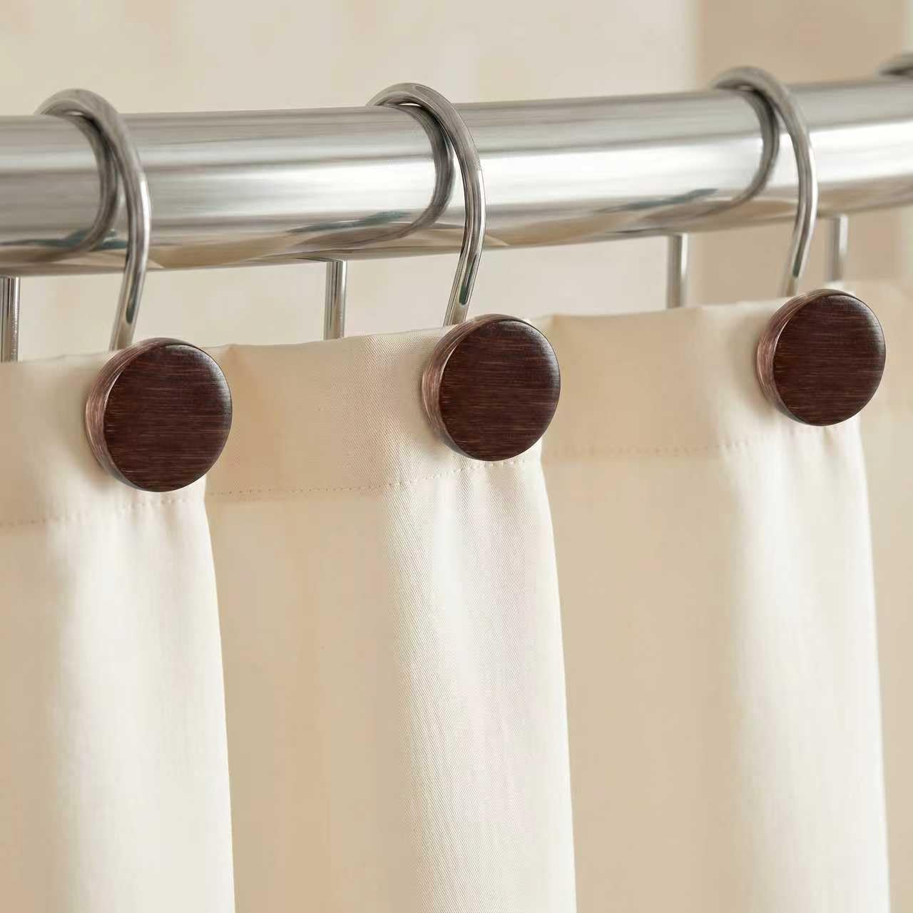 Farmhouse Boho Shower Curtain Hooks: Rustic Wood Textured Resin Button Hooks Stainless Steel Rings - Decorative Fall Winter Christmas Bathroom Accessories for Western Vintage & Nature-Inspired Décor