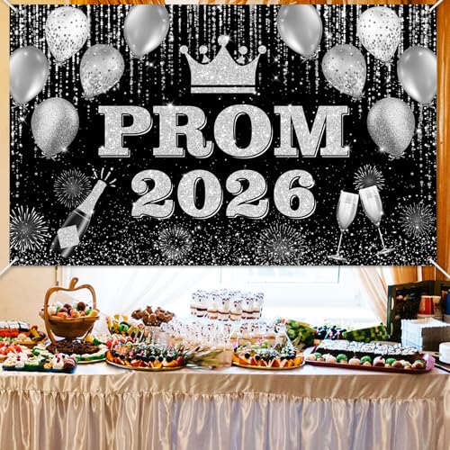 Prom 2026 Backdrop Banner - Black & Gold Graduation Party Decor 6x3.6ft