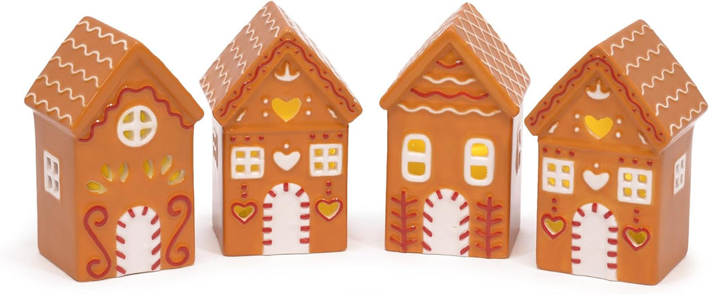 Mark Feldstein & Associates Gingerbread Village Houses - LED Lit Ceramic Set of 4, 4 Inch