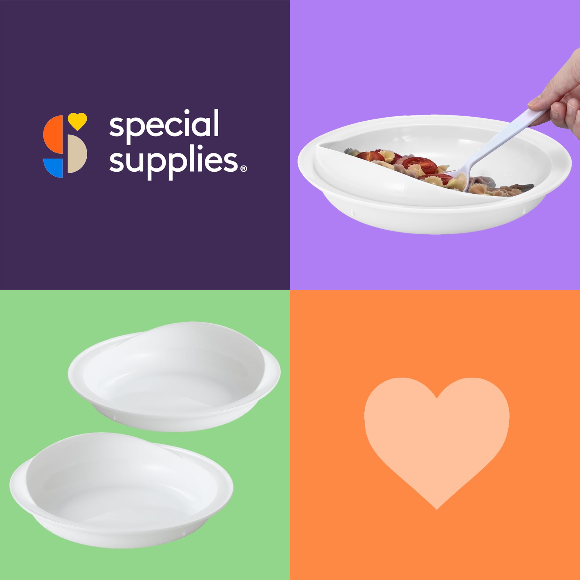 Special Supplies Adaptive Spill-Proof Scoop Plates- Dishes with Wall for Disabled, Handicapped, Elderly Adults with Special Needs from Parkinson's, Arthritis, Dementia, Stroke, Tremors- 2 Pack (White)