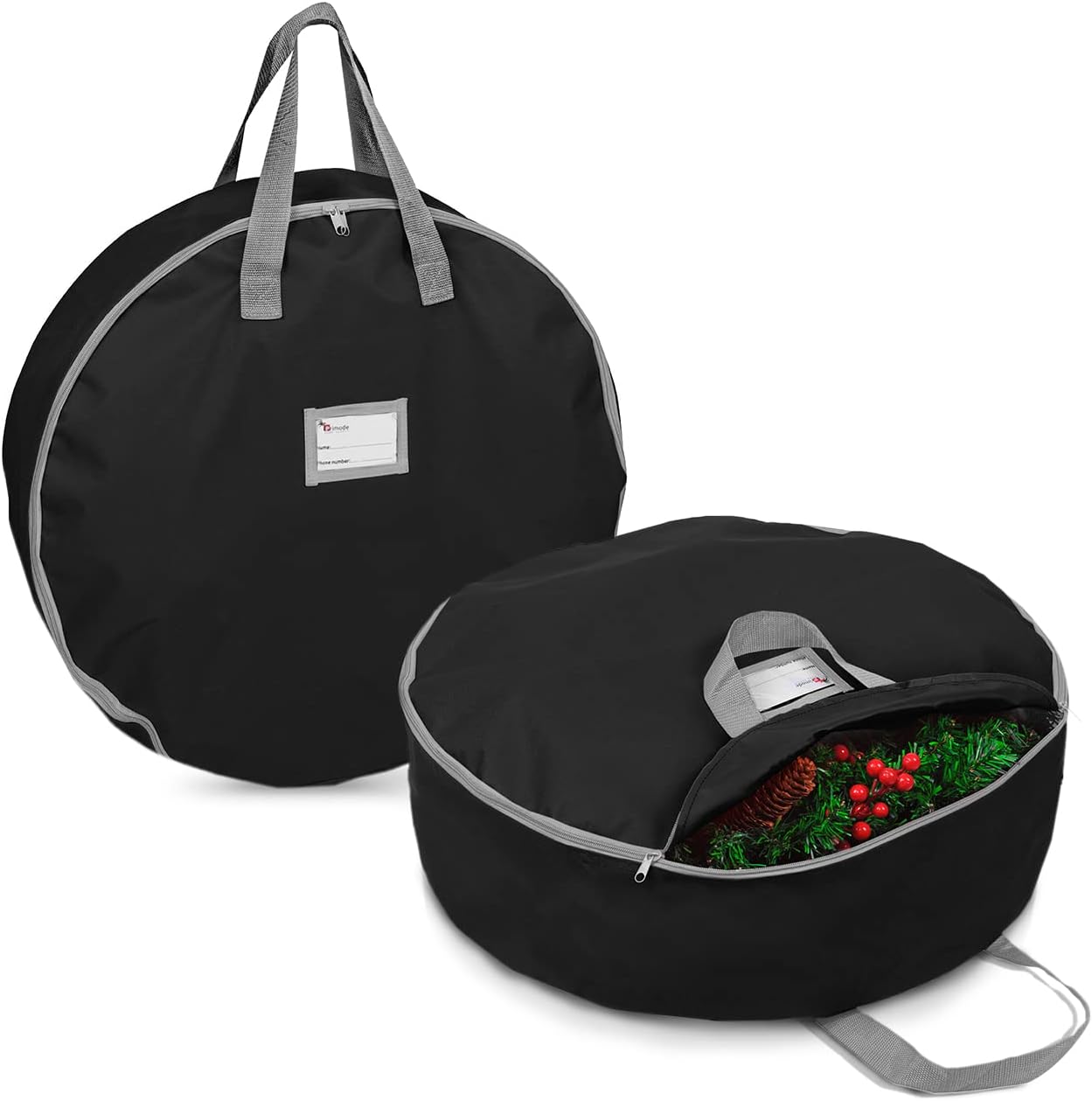 Primode Christmas Wreath Storage Bag - 24" Artificial Wreath Container with Dual Zipper & Sturdy Handles | Black, 2-Pack