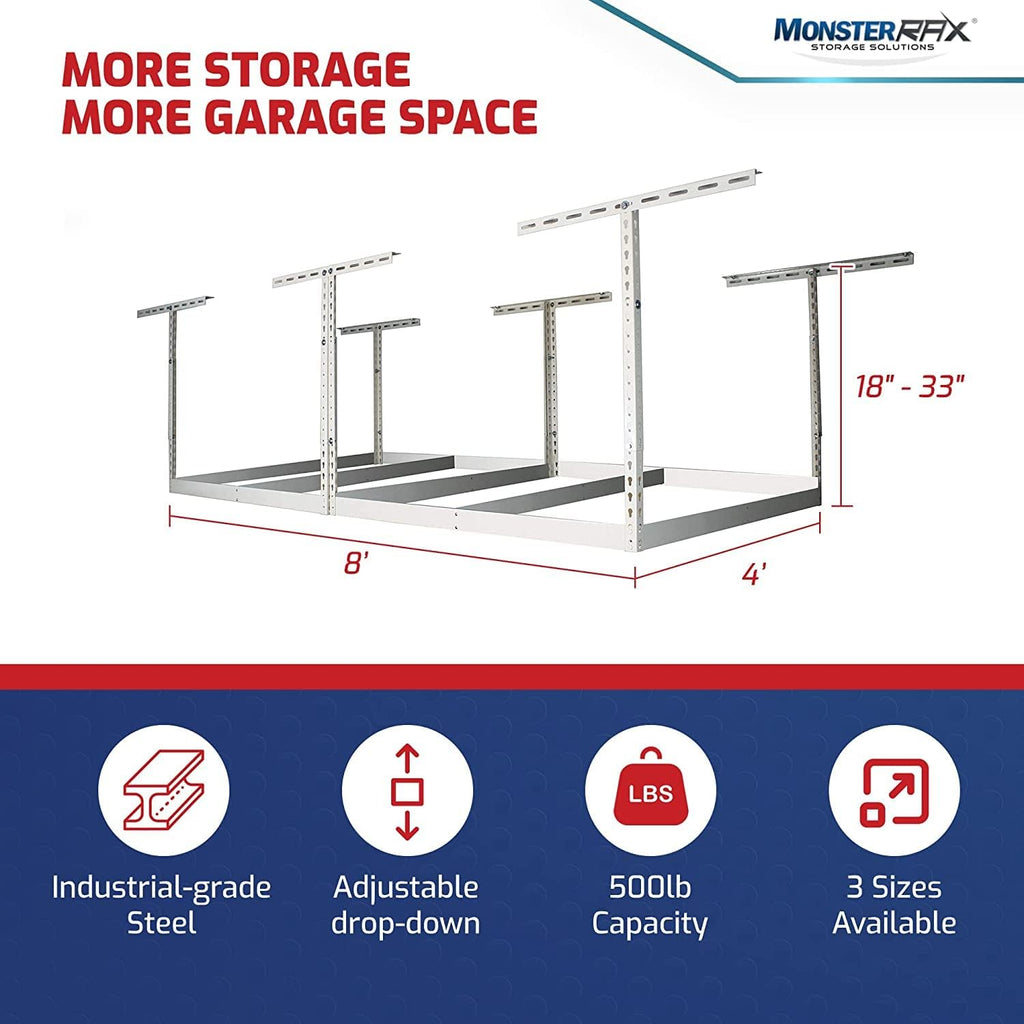 MonsterRax Overhead Garage Storage Rack Frame Kit - Adjustable Ceiling Shelving System (Hammertone, 18"-33")