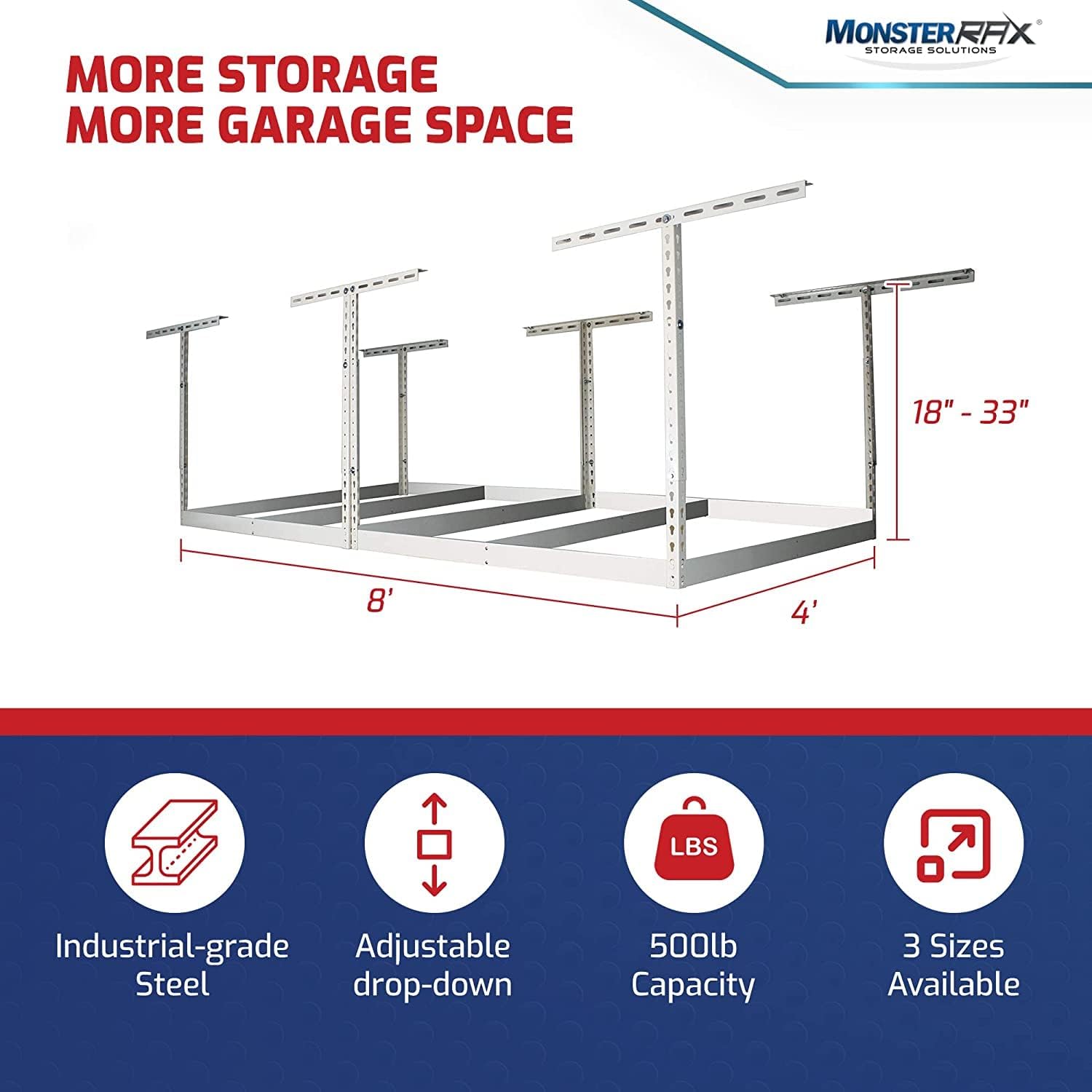 MonsterRax Overhead Garage Storage Rack Frame Kit - Adjustable Ceiling Shelving System (Hammertone, 18"-33")