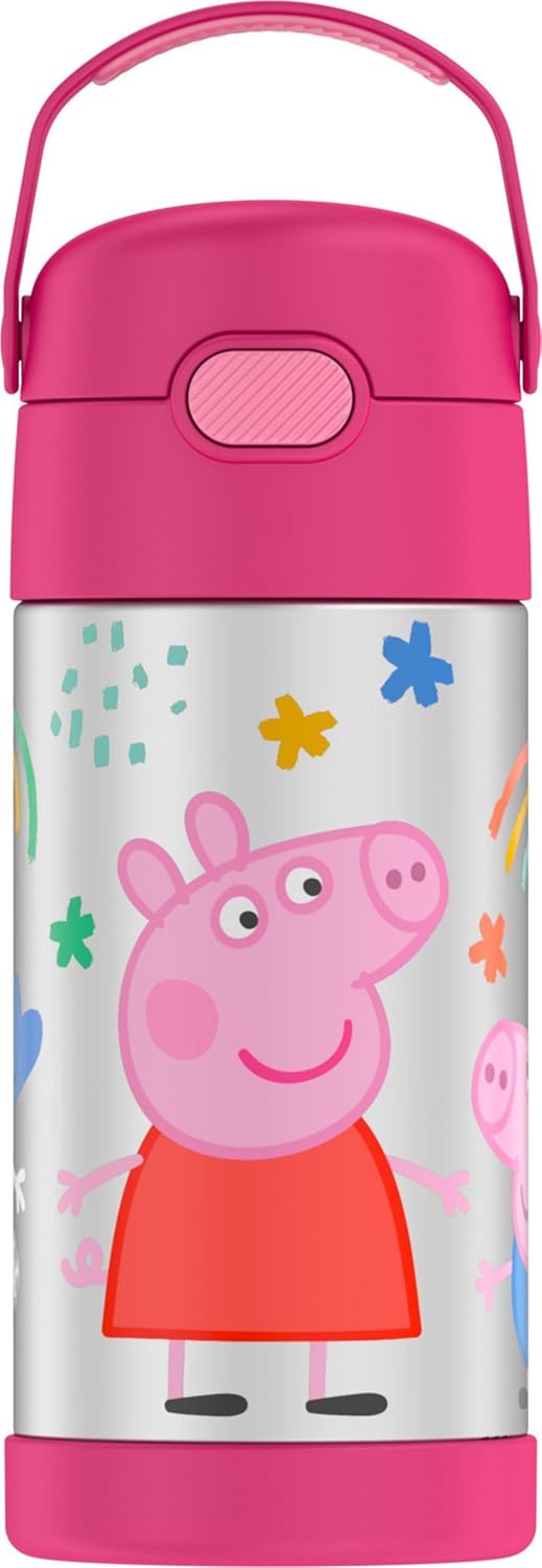 THERMOS FUNTAINER Water Bottle - 12 Ounce Kids Stainless Steel Insulated Bottle with Straw | Peppa Pig Design