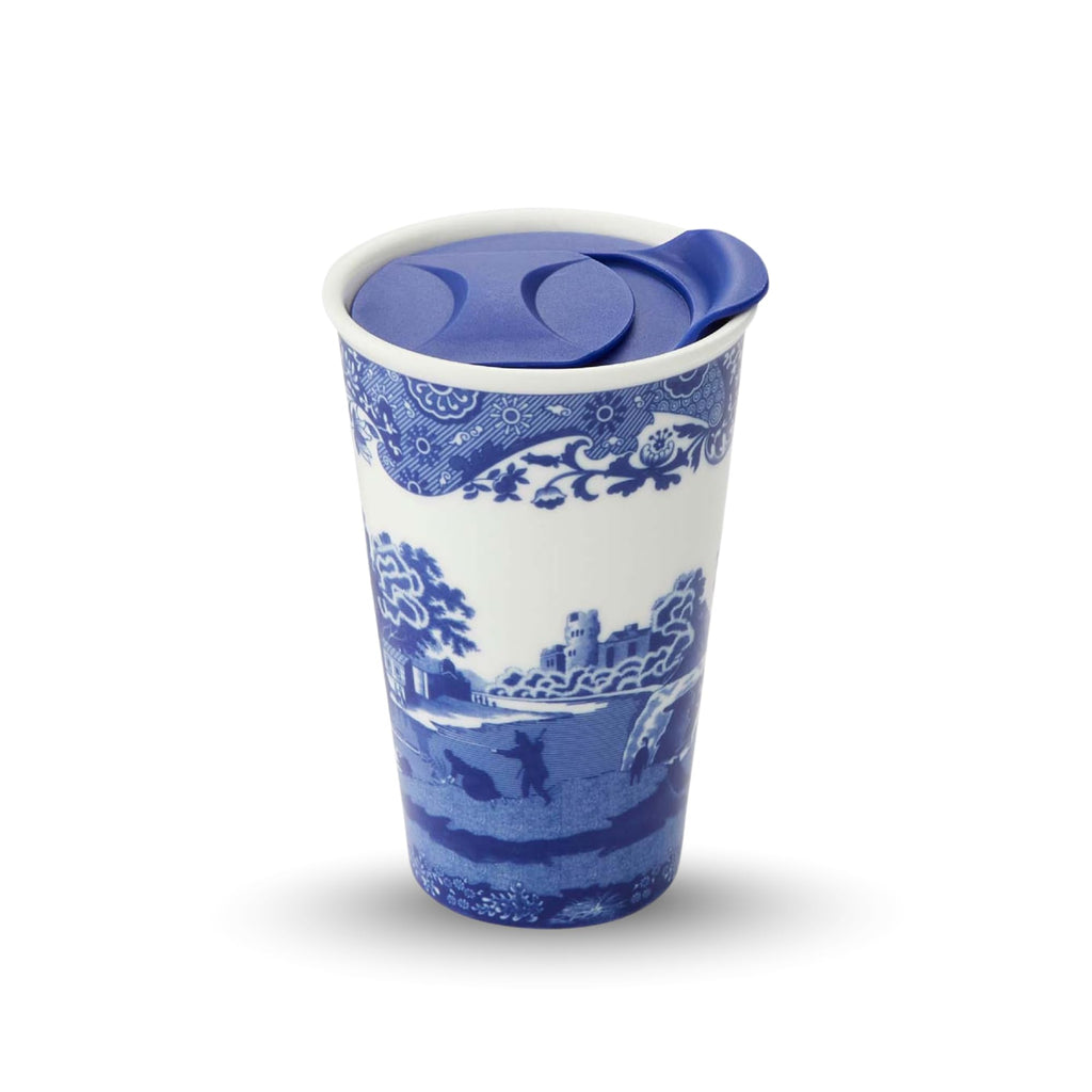 Spode Blue Italian 8oz Porcelain Travel Mug with Lid – Scenic Patterned Drinkware with Decorative Border - Portable Ceramic Coffee Cup for Brunch, Tea, On-the-Go Hot Beverage Moments