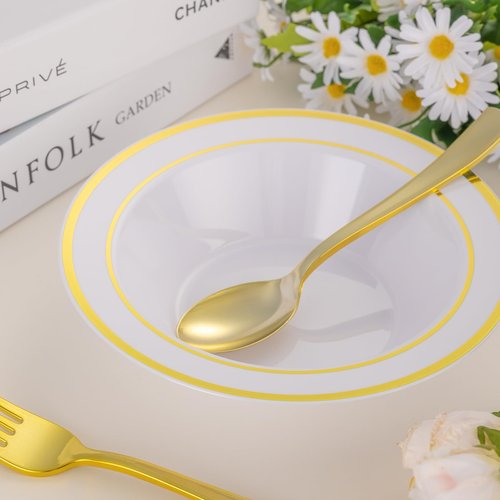 realluck 50 Pack Disposable Soup Bowls with Gold Rim,12oz Disposable Soup Bowls,Disposable Soup Dessert Salad Bowls for Wedding/Party/Catered Events