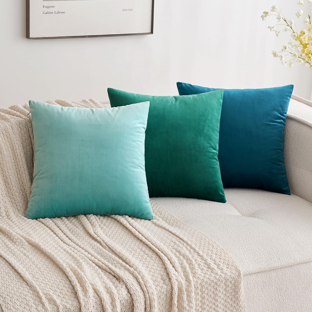 MIULEE Green Velvet Throw Pillow Covers - Soft Decorative Square Cushion Cases | 12x12 Inch Set for Couch & Bedroom
