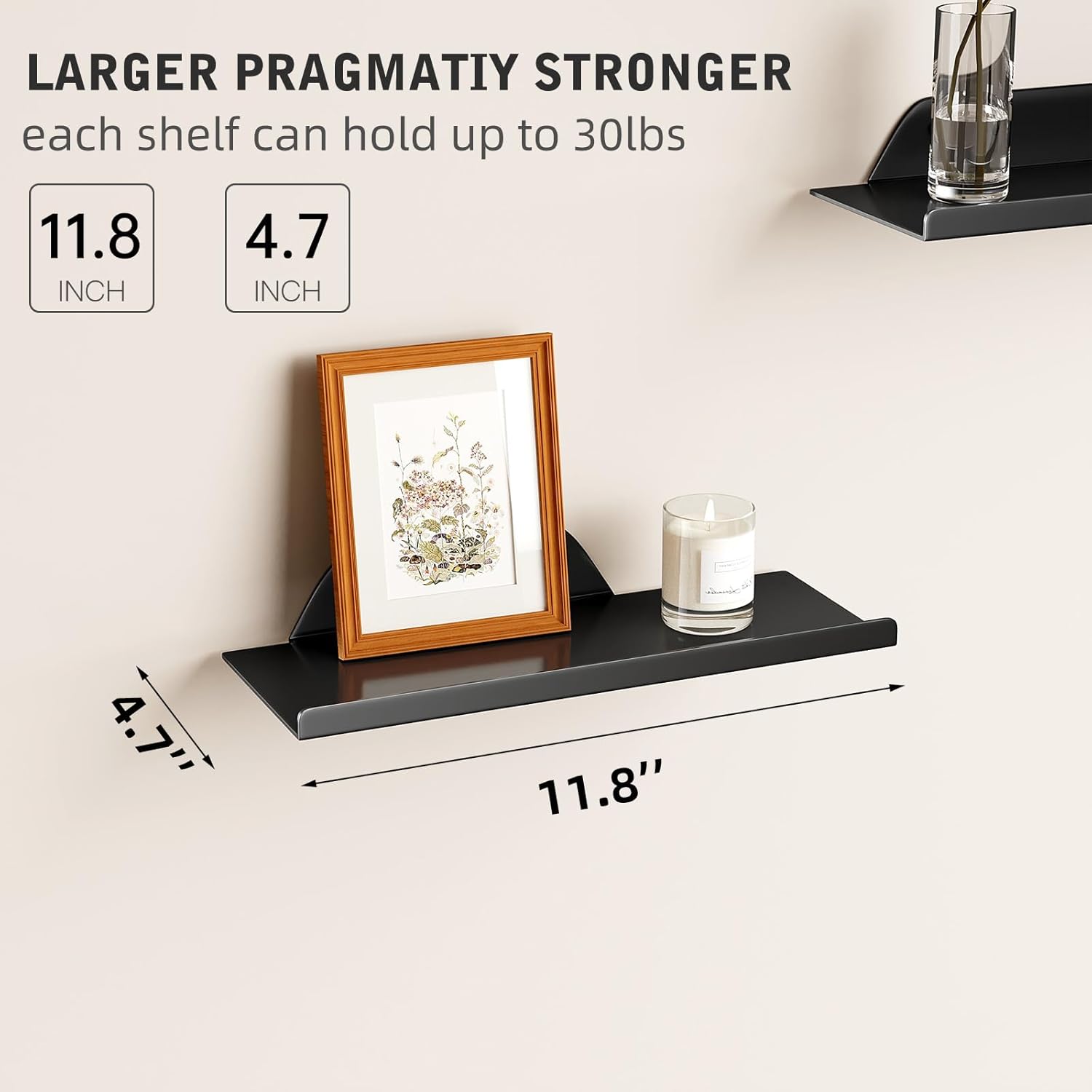 Skiennix Floating Wall Shelf - Modern Off-Center Metal Design for Decor | 12" Black Storage Solution