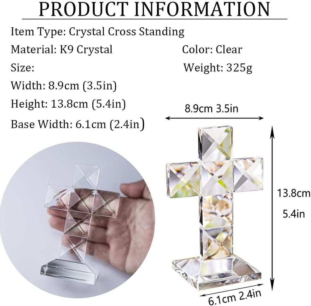 QFkris Crystal Standing Cross | Clear 5'' Tall Glass Figurine - Elegant Christian Tabletop Decor