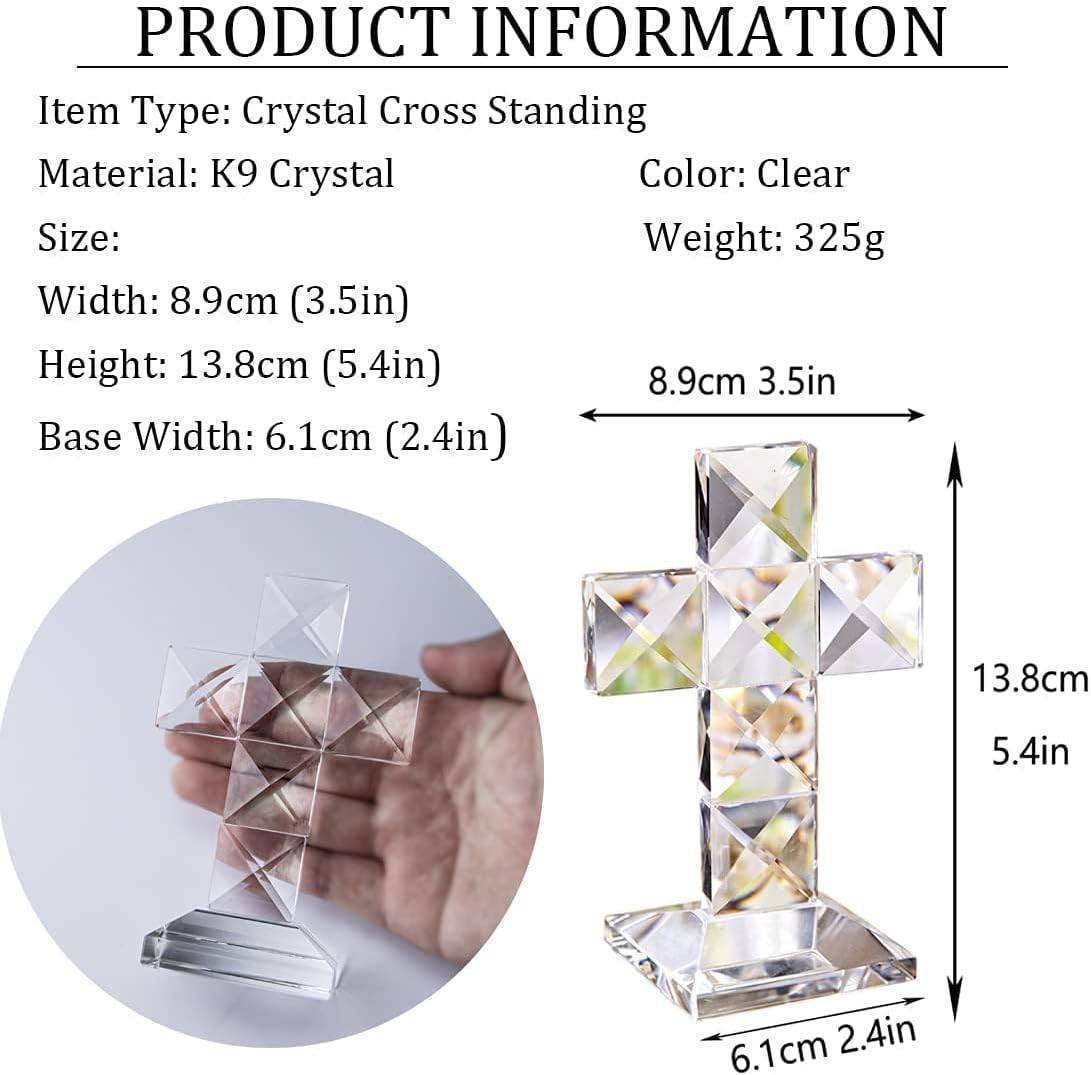 QFkris Crystal Standing Cross | Clear 5'' Tall Glass Figurine - Elegant Christian Tabletop Decor