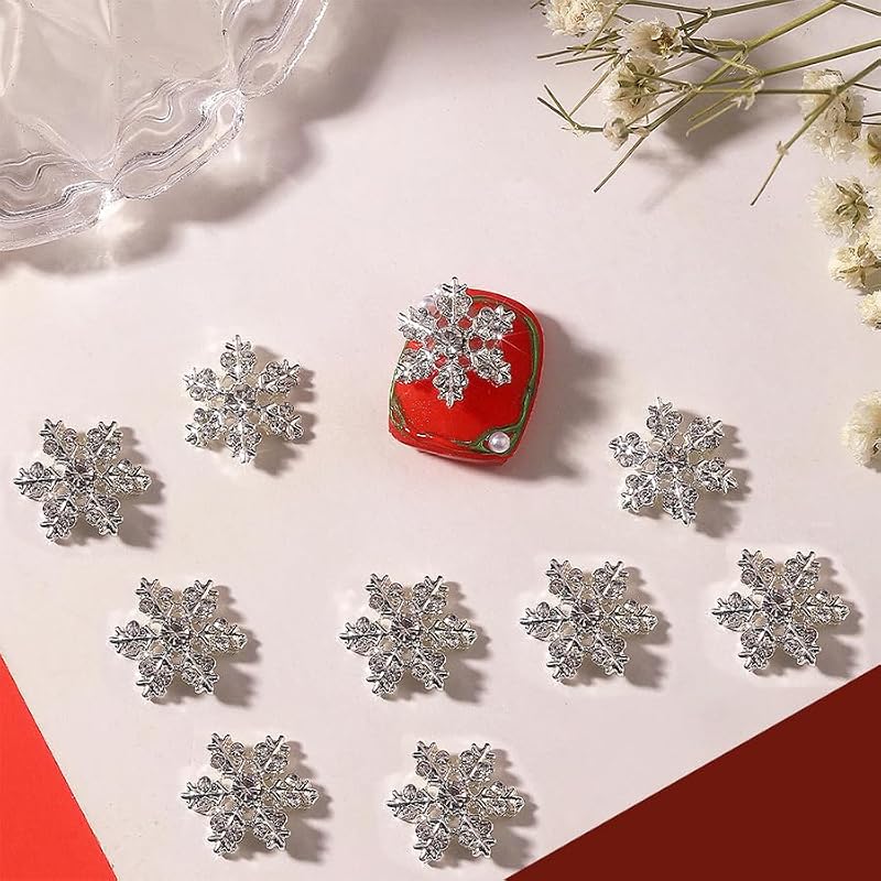Christmas Snowflake Nail Charms 3D Silver Rhinestone Gems 10 Pcs