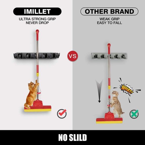 IMILLET Mop and Broom Holder - Wall Mounted Organizer with 5 Ball Slots & 6 Hooks | Black Storage Solution