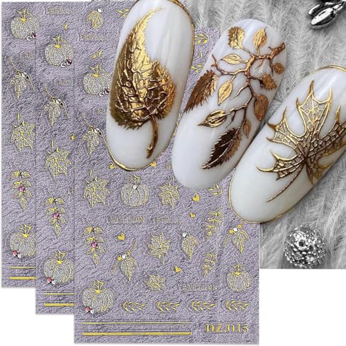 Fall Nail Stickers 5D Pumpkin Maple Leaf Decals with Autumn Rhinestones