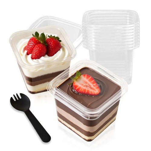 Slomg 100 Pack 12 oz Plastic Dessert Cups with Lids and Forks, Disposable Cupcake Tiramisu Containers Ice Cream Bowls for Yogurt Trifle Candy, Clear Square Parfait Fruit Cups for Appetizer Snack Salad