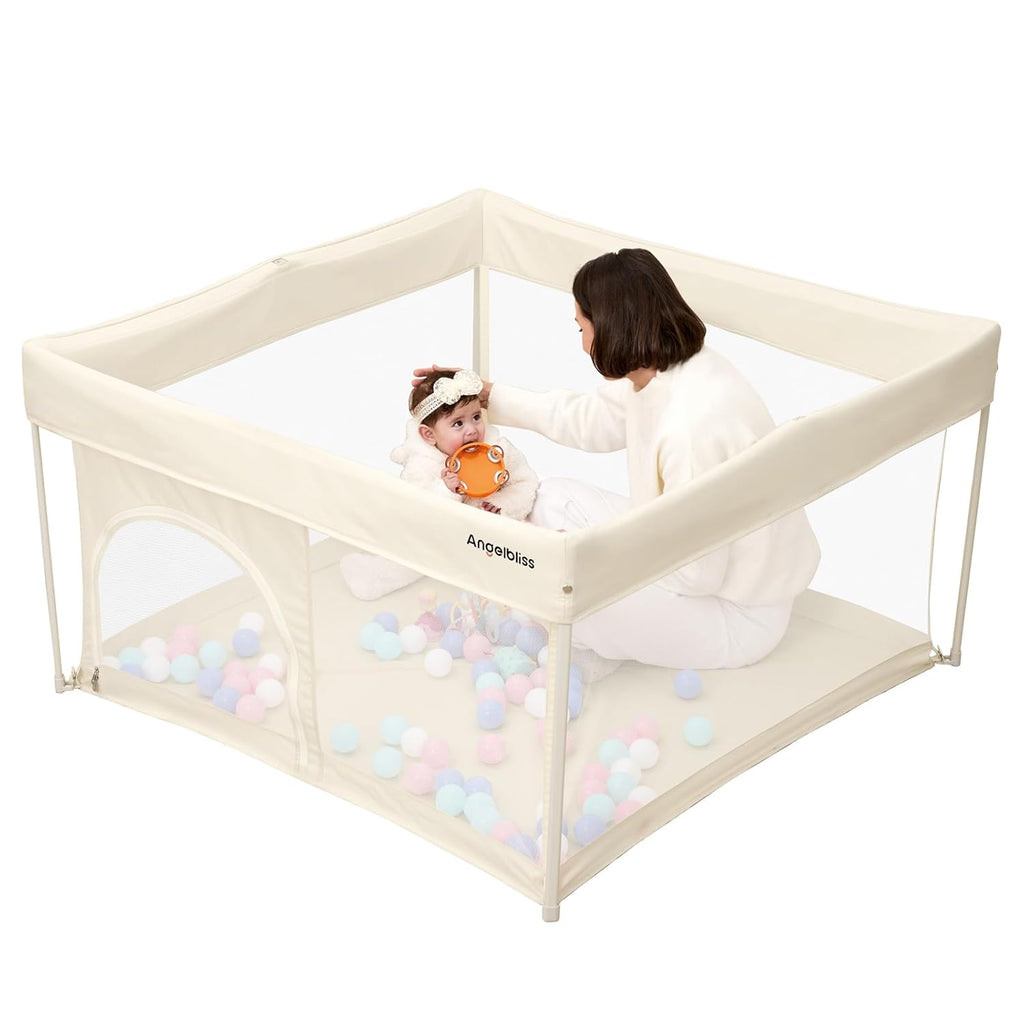 Regine Switzerland Foldable Baby Playpen - Portable 50" x 50" Play Yard with Breathable Mesh & ASTM F406 Certified (Beige)