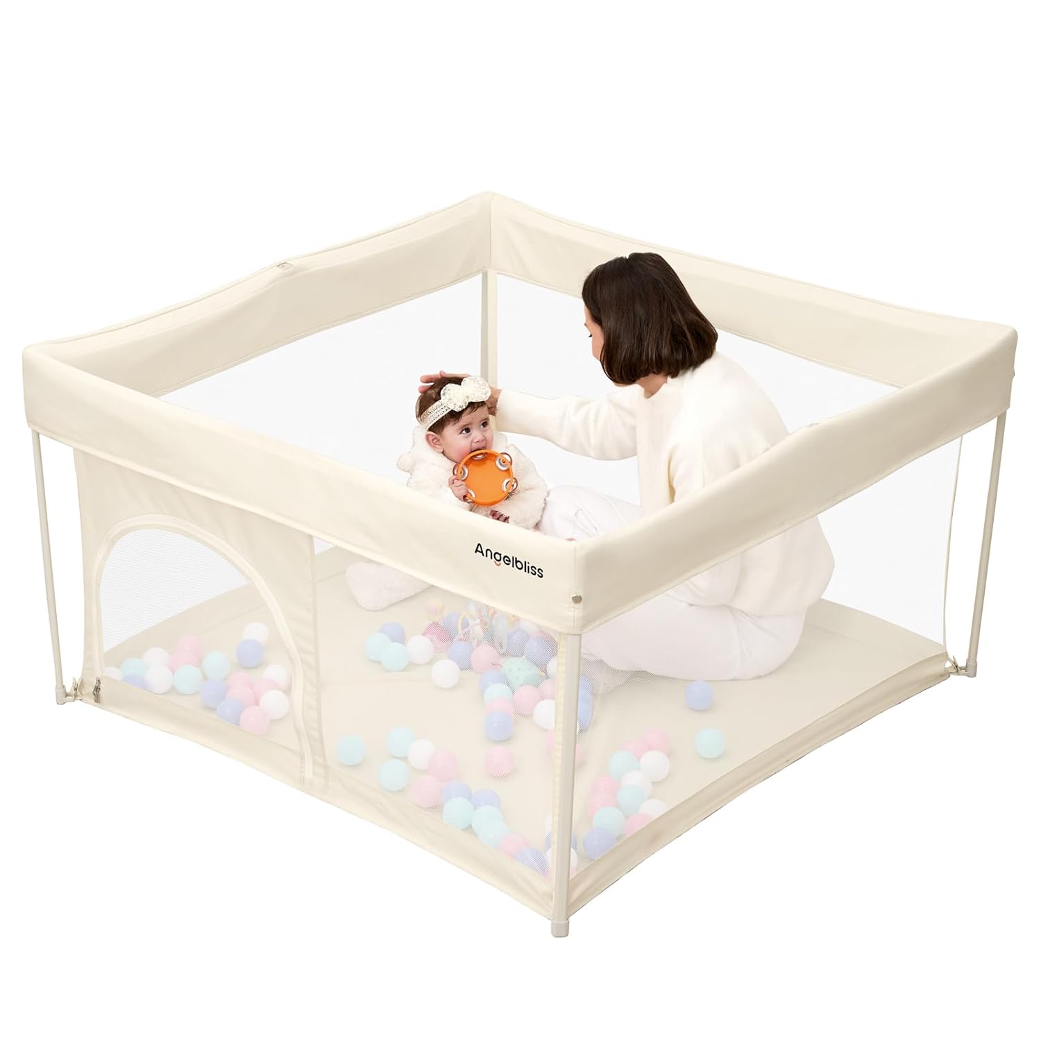 Regine Switzerland Foldable Baby Playpen - Portable 50" x 50" Play Yard with Breathable Mesh & ASTM F406 Certified (Beige)