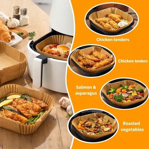 Disposable Air Fryer Parchment Liners - 50 Count Square Nonstick Inserts to Prevent Sticking & Grease