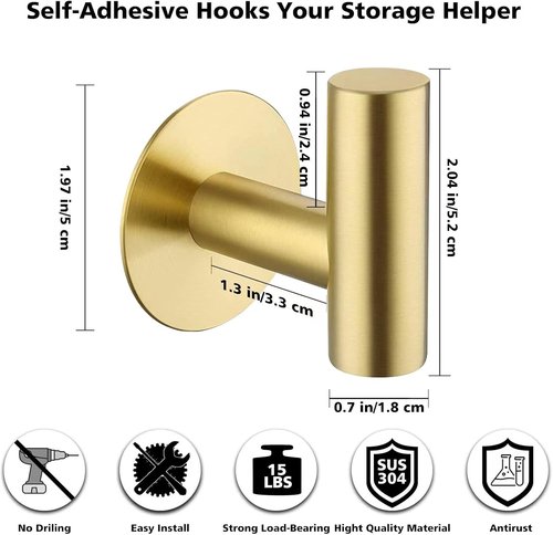 Bntuk Adhesive Hooks - Waterproof Stainless Steel Towel Holders for Bathroom & Kitchen | 2 Pack, Gold