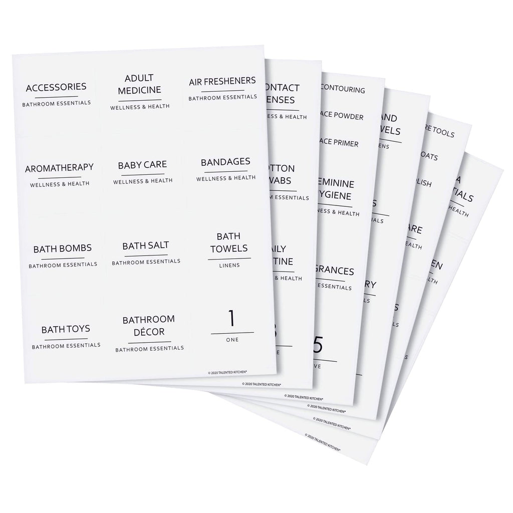 Talented Kitchen Minimalist Bathroom Labels for Organizing - 174 Labels, 2.5" x 2.5" & 2.5" x 0.75", Black on White - Stickers for Jars & Bottles - Water-Resistant for Medicine Cabinet