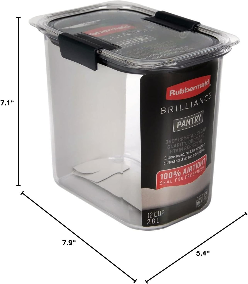Rubbermaid Brilliance 12-Cup Airtight Food Storage Container - Ideal for Pantry Organization, Clear/Grey