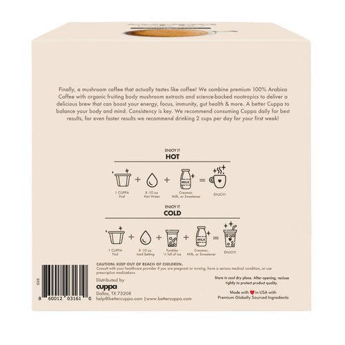 Cuppa Medium Roast Mushroom Coffee with Adaptogens & Superfoods - Lion’s Mane, Ashwagandha & Cordyceps. Adaptogens + MCT to support natural energy, mental focus & gut health (48 Pods)