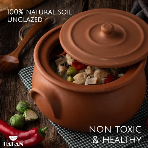 Hakan Suphan Handmade 2.6-Quart Small Clay Cooking Pot with Lid, Unglazed Natural Cookware, Terracotta Cazuela, Casserole Dish, Rice Cooking, Stewpot, Korean, Indian, Mexican Dish 2.5 L